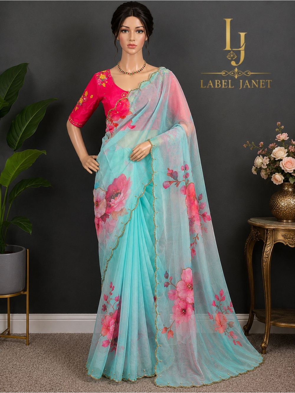 Brand new,blue and pink Tabby silk saree with stitched blouse